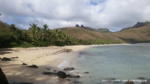 La plage de l'Octopus Resort, Waya, Isole Yasawa, Fidji. Auteur et Copyright Marco Ramerini.